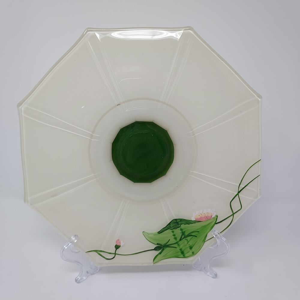 Vintage Indiana Glass Cake Stand Footed Fused Frosted Green Painted Flower 10.5"